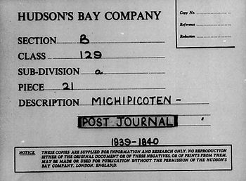 Hudson’s Bay Company post journal cover, 1839–1840, with handwritten section B, class 129, piece 21, Michipicoten.