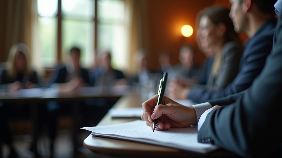 High angle view of a person writing notes during a leadership seminar