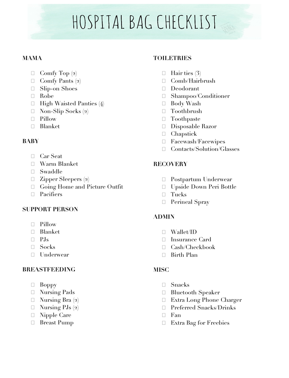 Hospital bag checklist