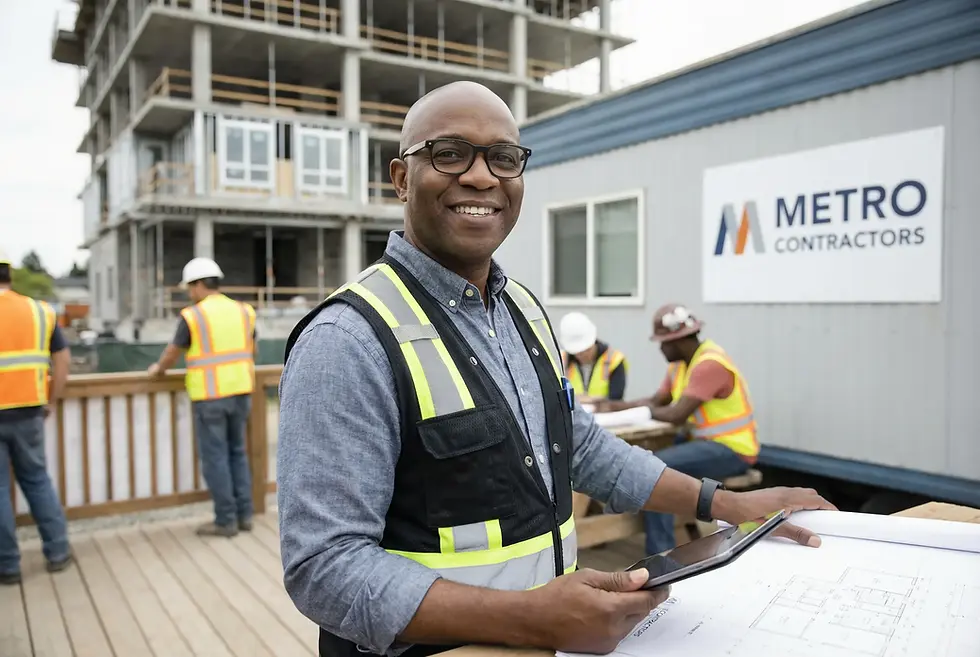 A professional, friendly "Founder" style shot of a contractor on-site or in an office.