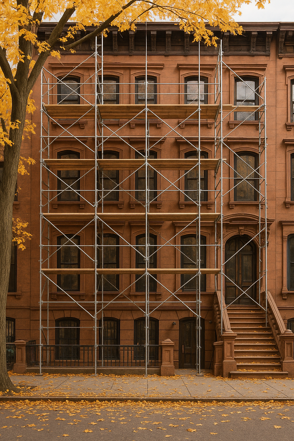 Brooklyn brownstone under renovation with scaffolding and fall foliage.