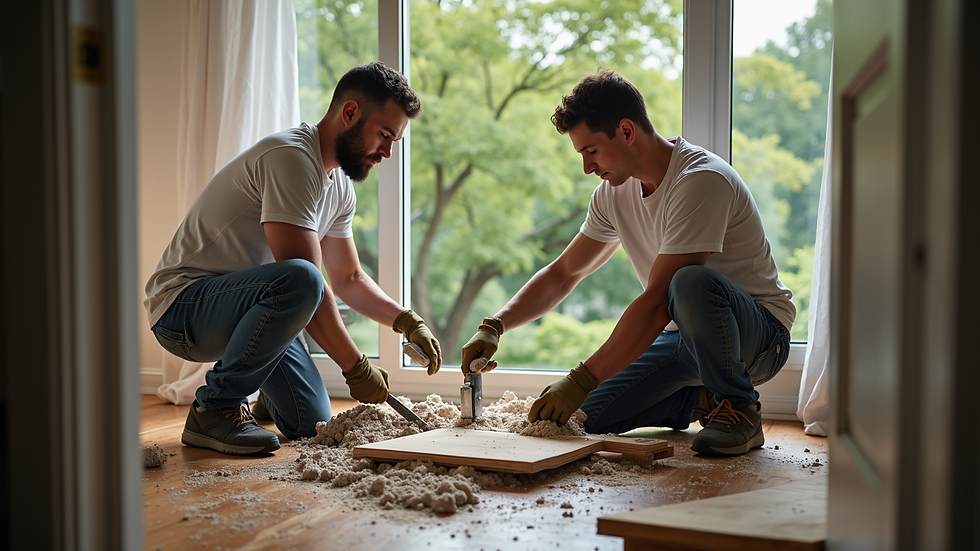 High angle view of a home repair team working