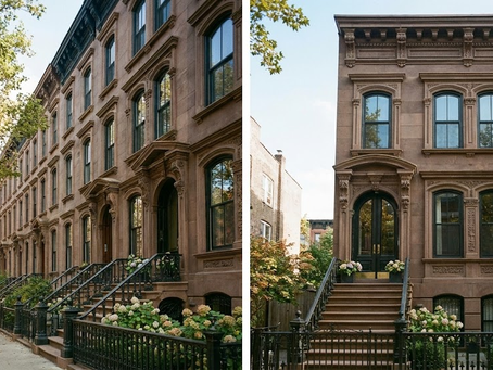 Restored Park Slope brownstone facade with original limestone detailing and triple windows