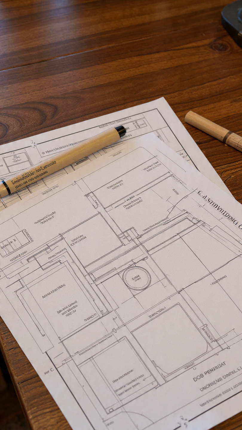 NYC brownstone renovation plans with DOB permits and Existing Building Code checklist on a contractor’s desk