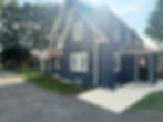 Exterior painting on a blue two-story house with white trim.