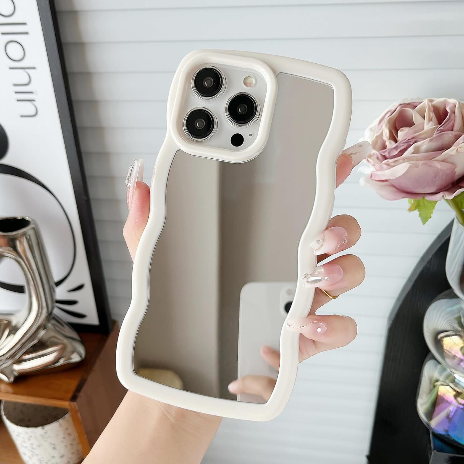 Jmltech for iPhone 15 Pro Case Mirror Curly Wave Frame Shape Silicone Cute Shock