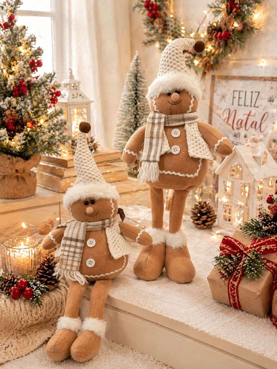 BONECO GINGERBREAD C/ CACHECOL EM PE (BEGE/BRANCO) -1 UN