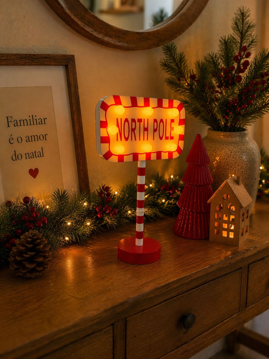 PLACA NORTH POLE COM LED (VERMELHO/BRANCO) - 1UN
