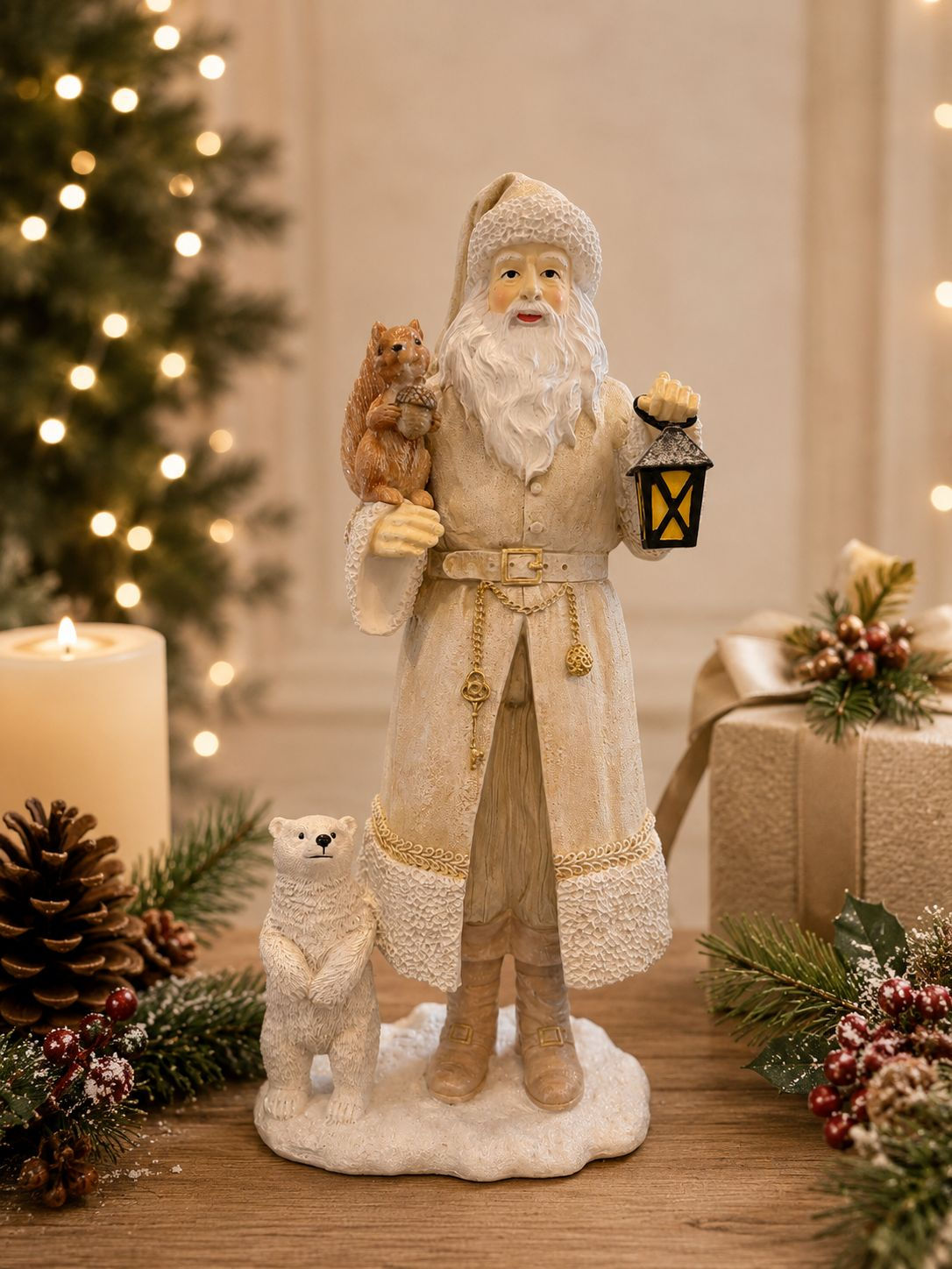 PAPAI NOEL C/ URSO E ESQUILO RESINA (OFF/BRANCO) 31cm 1 UN