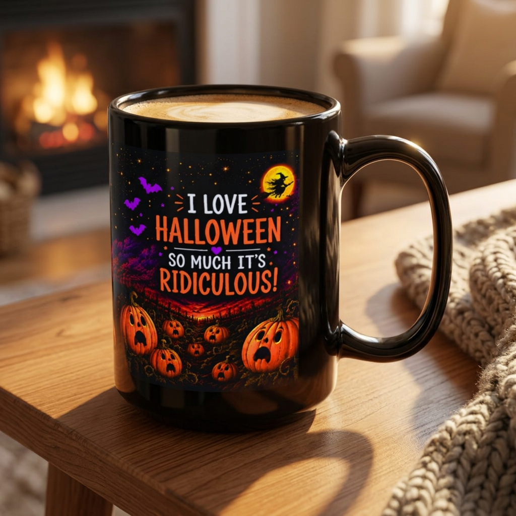 I Love Halloween So Much It's Ridiculous! โ 15oz Black Mug โ Pumpkin Night Scene
