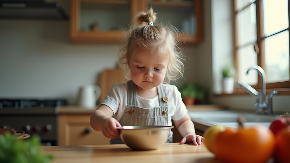 Eye-level view of a child learning to cook in a kitchen
