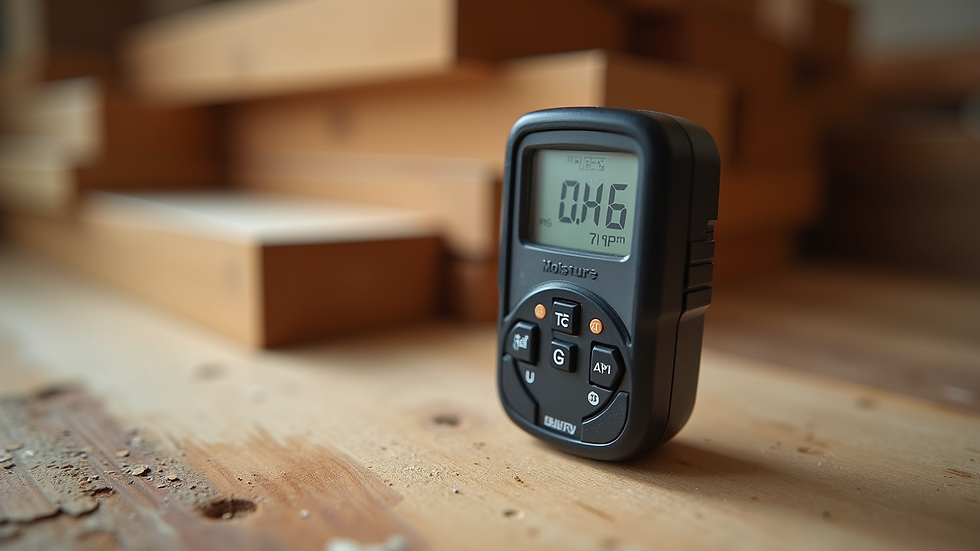 Close-up view of a moisture meter measuring wood moisture content