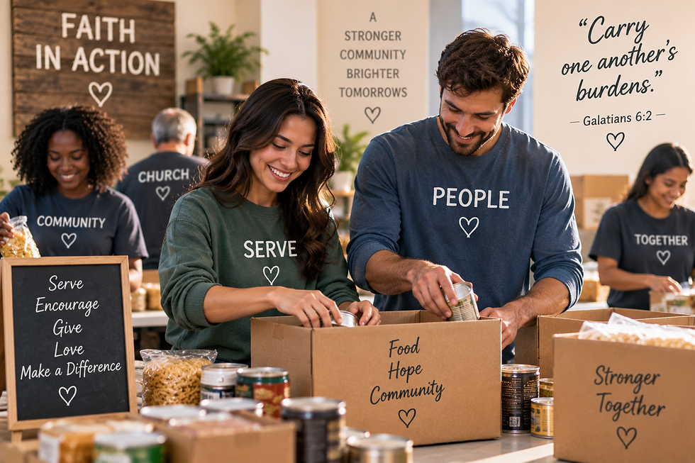 Church volunteers packing food donations together beside the words Faith in Action and a reference to Galatians 6:2
