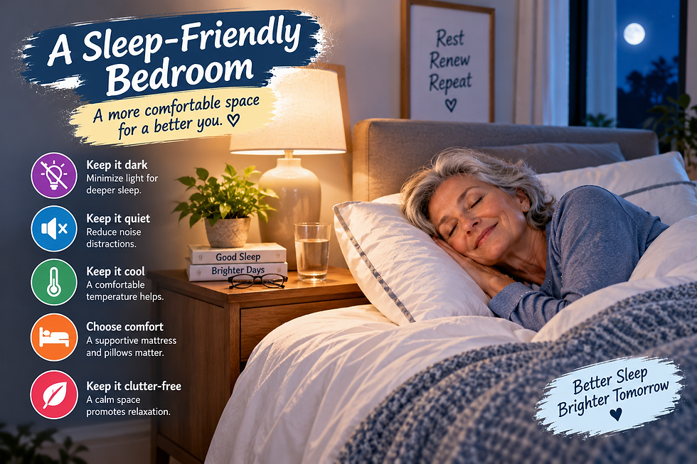 Older woman sleeping in a comfortable bedroom beside tips to keep the room dark, quiet, cool, comfortable, and clutter-free