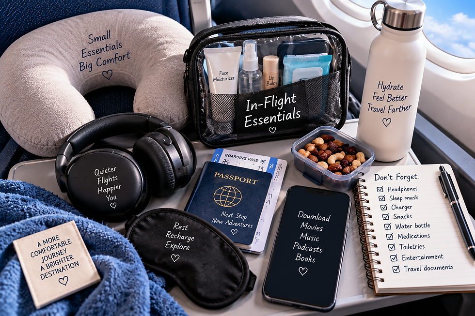 Airplane seat tray arranged with neck pillow, headphones, sleep mask, water bottle, toiletries, passport, phone, snacks, and an in-flight essentials checklist