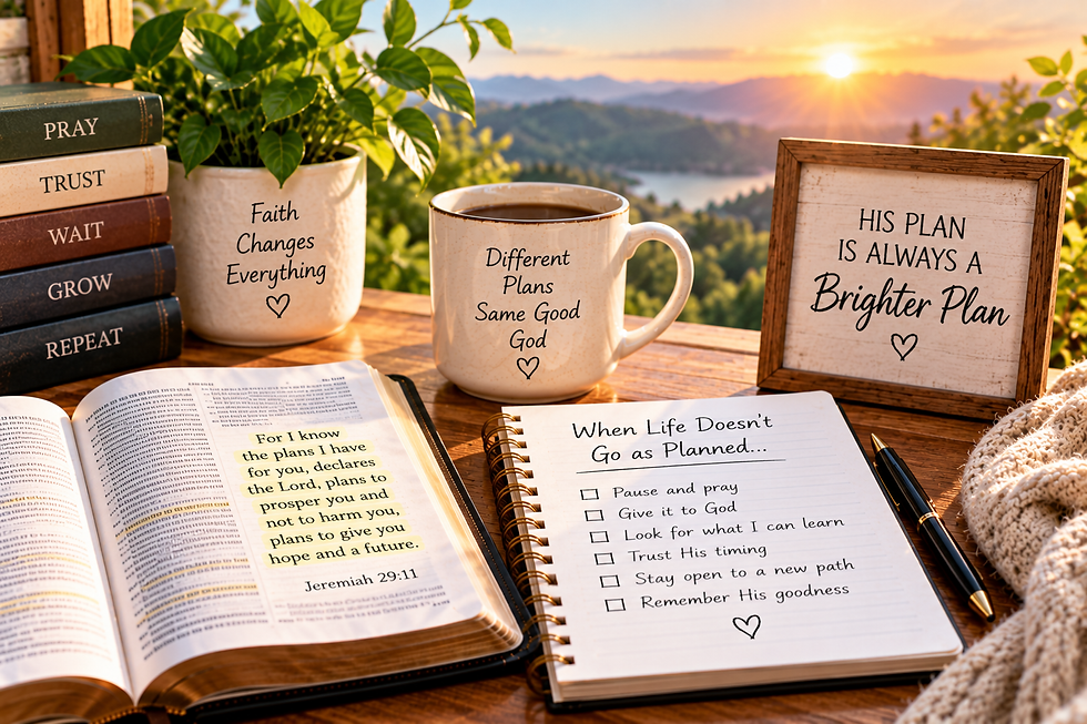 Bible highlighting Jeremiah 29:11 beside a journal checklist about responding when life does not go as planned