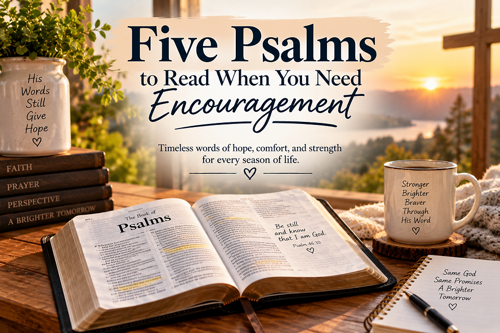 Open Bible turned to the Book of Psalms on a warm devotional table beneath the headline Five Psalms to Read When You Need Encouragement