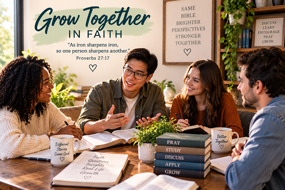 Bible study group discussing Scripture beneath the headline Grow Together in Faith and Proverbs 27:17