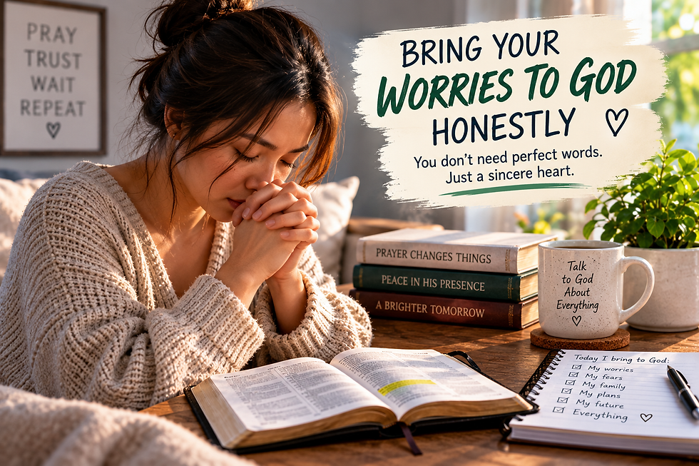 Faith-themed prayer routine graphic with a Bible, journal, clock, morning and evening cues, and simple reminders for building consistent moments of prayer.