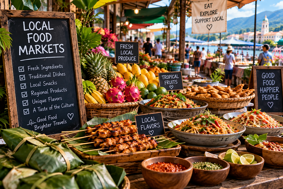 Colorful waterfront food market filled with tropical fruit, fresh produce, grilled skewers, noodles, pastries, regional dishes, and signs promoting local ingredients and traditional flavors