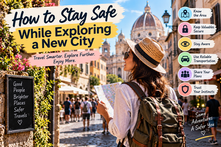 Traveler holding a city map in a busy historic square beside illustrated travel safety tips about knowing the area, securing valuables, staying aware, using reliable transportation, sharing plans, and trusting your instincts