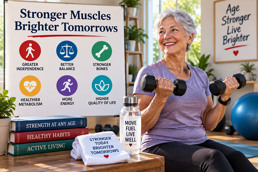 Older woman performing dumbbell curls beside an infographic showing benefits including greater independence, better balance, stronger bones, healthier metabolism, energy, and quality of life