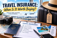 Travel insurance planning scene with suitcase, passport, boarding pass, travel documents, camera, map, and a checklist for cancellation, medical, baggage, delays, and emergency assistance