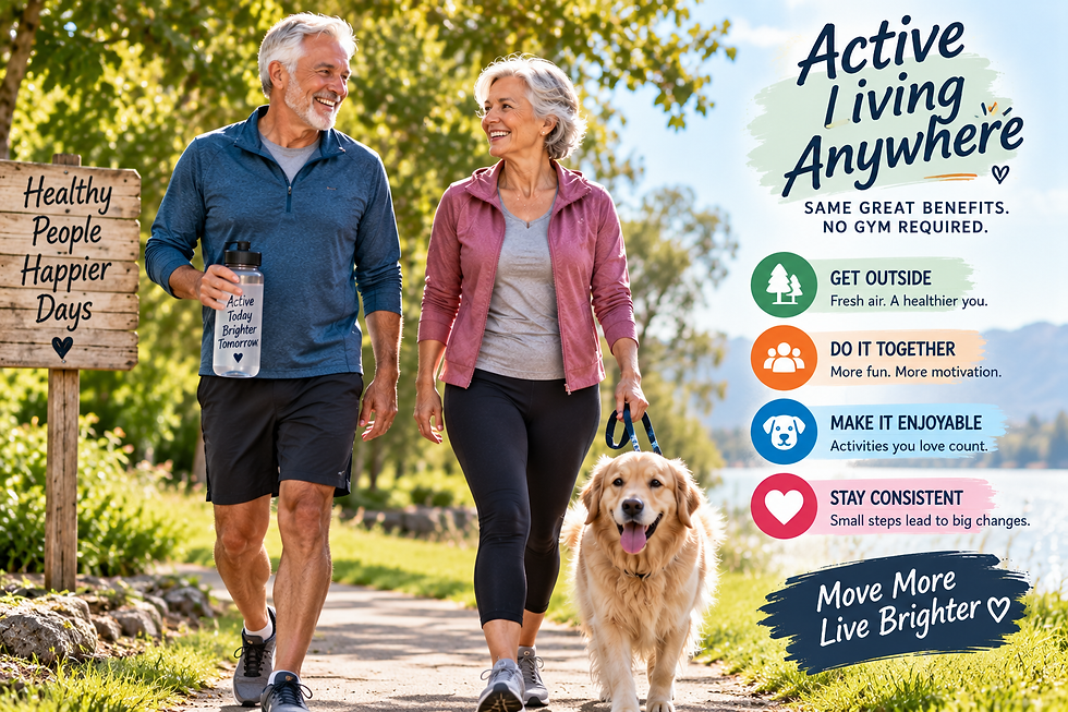 Older couple walking a dog outdoors beside an infographic encouraging outdoor activity, exercising together, enjoyable movement, and consistency