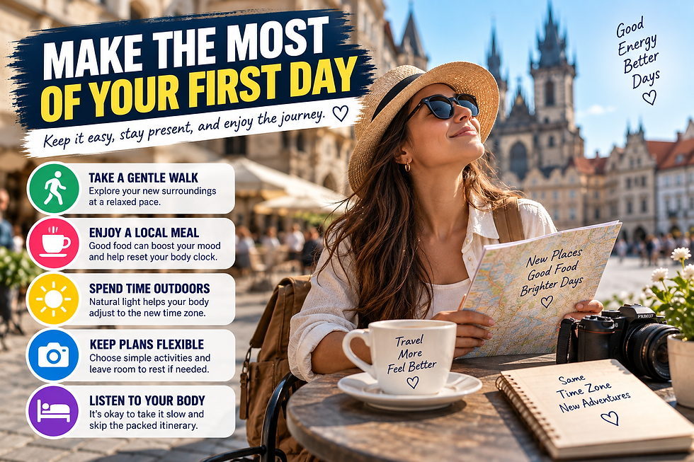 First-day travel infographic showing a relaxed city visit with tips for a gentle walk, local meal, outdoor time, flexible plans, and listening to your body