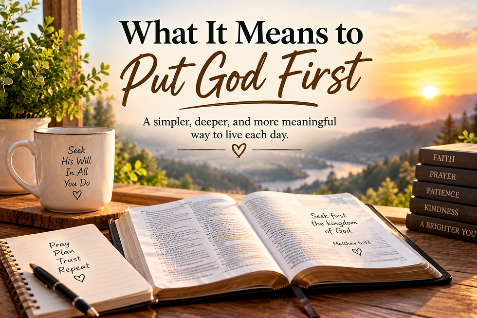 Open Bible and prayer journal overlooking a golden mountain landscape beneath the headline What It Means to Put God First and a Matthew 6:33 reference