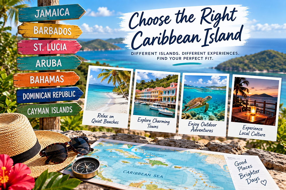 Caribbean island travel collage with tropical beaches, colorful towns, snorkeling, waterfront dining, map, and signs for popular Caribbean destinations