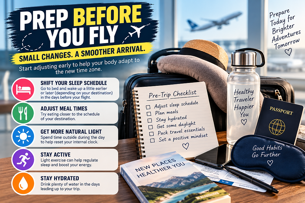 Pre-trip jet lag infographic with suitcase, sleep mask, water bottle, passport, and checklist for adjusting sleep, meals, daylight, activity, and hydration