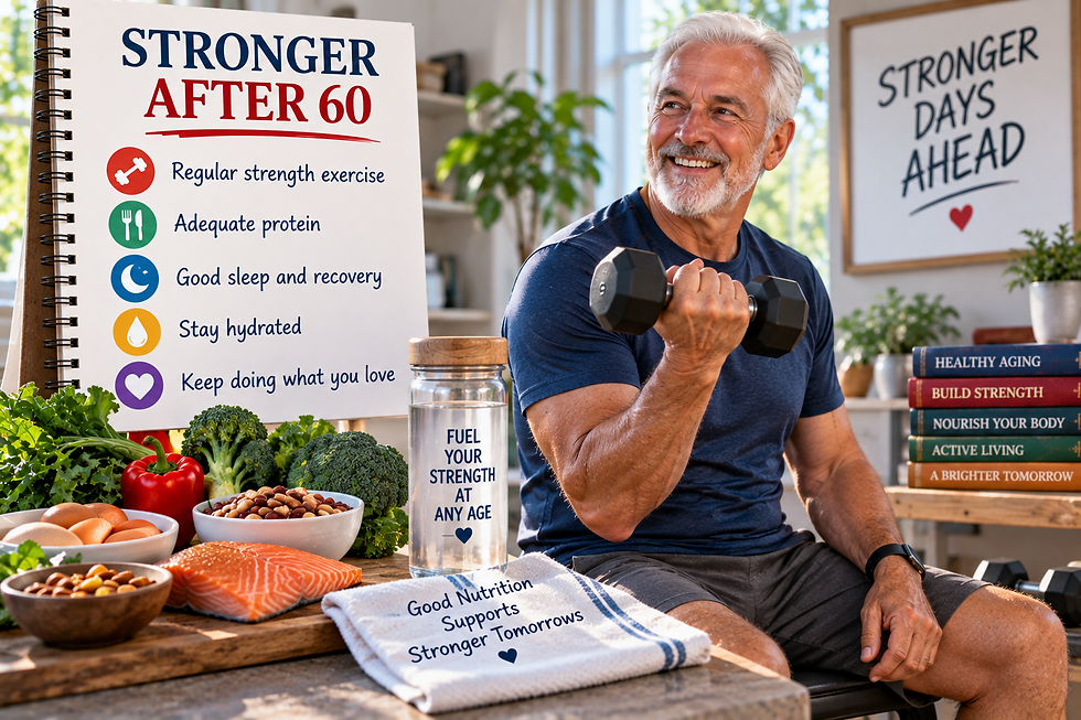 Older man lifting a dumbbell beside healthy foods and a checklist for regular strength exercise, adequate protein, sleep, recovery, hydration, and staying active