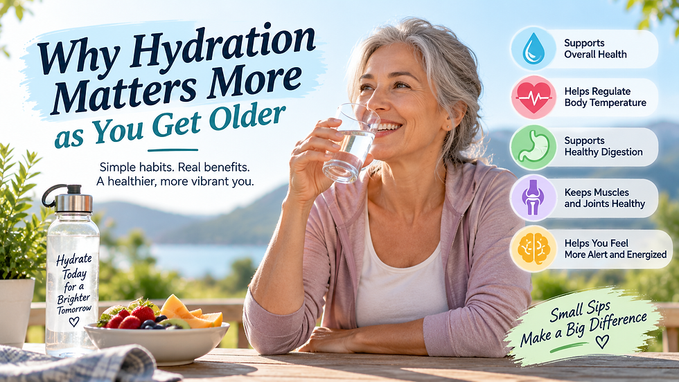 Older woman drinking water outdoors beside an infographic explaining why hydration becomes more important with age.