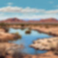 Create a picture of a central desert pond with blue skies and the East MacDonnel Range (of