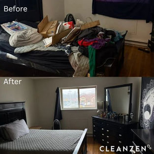 Before and after photo of a cleaned bedroom in Manchester, NH, showing Cleanzen’s professional house cleaning and maid services with a neatly organized bed and dresser.