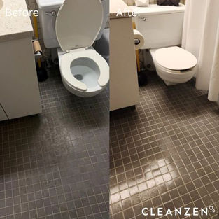 Before and after photo of a bathroom cleaned by Cleanzen Manchester, showing spotless tile floors and sanitized toilet area from professional home cleaning services.
