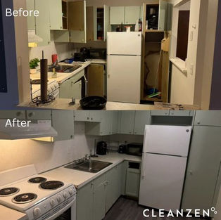 Before and after image of a professionally cleaned kitchen in Manchester, NH, showing Cleanzen’s expert house cleaning and maid services.