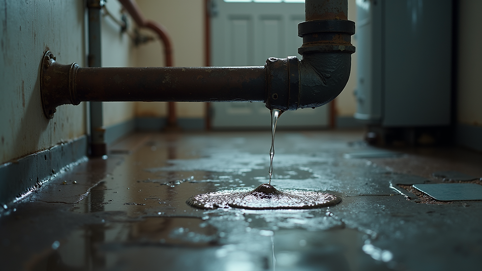 High angle view of a leaking boiler pipe with water dripping onto the floor
