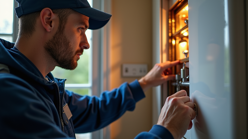 Eye-level view of a heating engineer inspecting a boiler in a residential home
