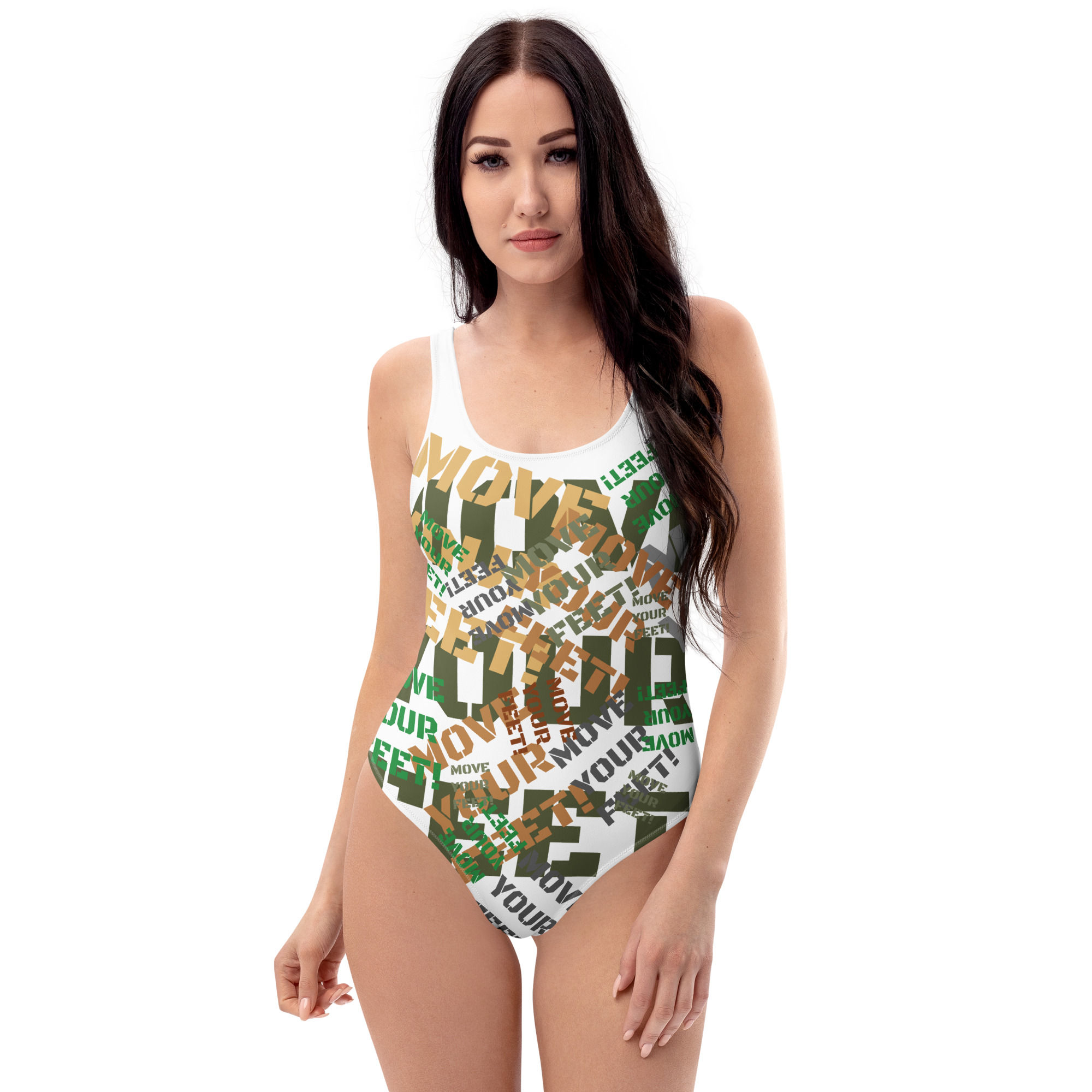 "MOVE YOUR FEET" Chaotic Green One-Piece Swimsuit