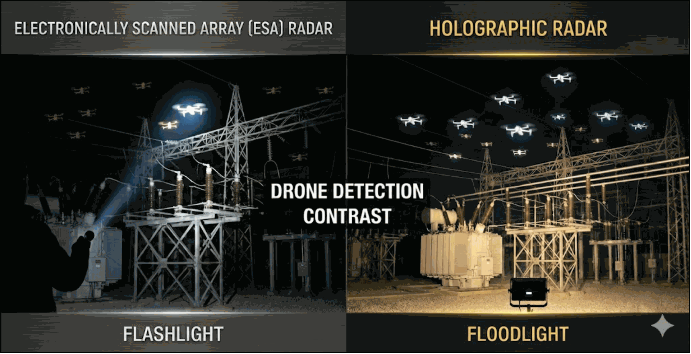 KI-generert bilde som viser en sammenligning mellom en ESA Radar og en kompakt 3D holografisk radar 