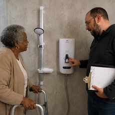 Man showing elderly women bathroom adapations