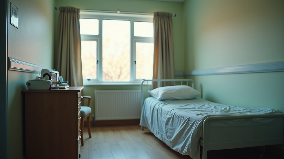Close-up view of a nursing home room with unmade bed and cluttered bedside table