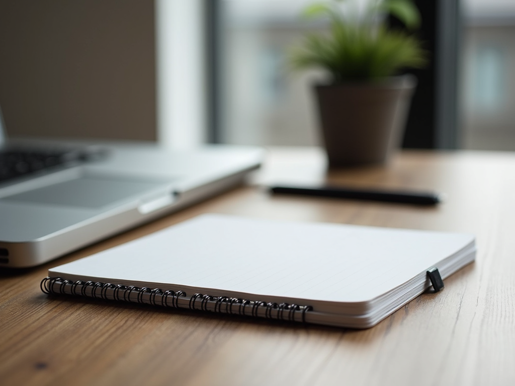 A clean workspace featuring a laptop and notebook organized for an online professional training session.