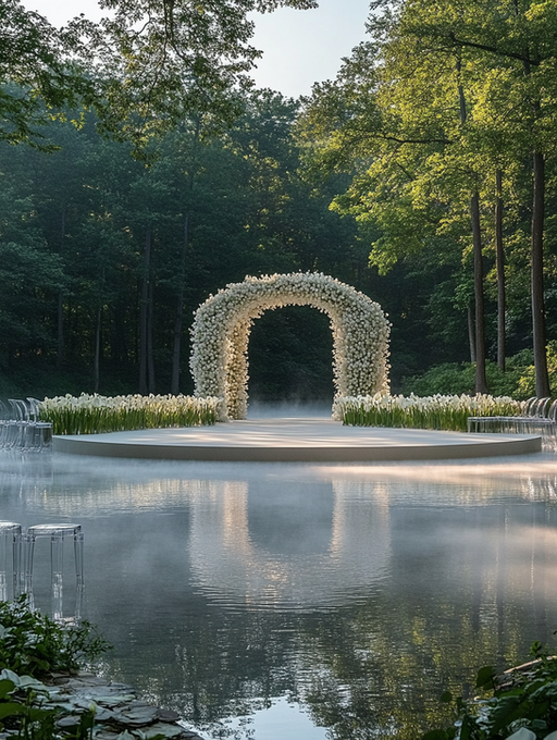Luxury forest wedding ceremony featuring a floating circular platform over a tranquil lake, surrounded by lush greenery and a white floral arch aisle design, creating an elegant outdoor wedding setting designed by IDO Events.