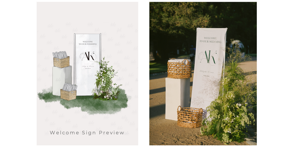 Hand-drawn wedding welcome sign design alongside the real-life wedding setup, featuring a white welcome sign, woven baskets, greenery, and floral arrangements, showcasing Ido Events' custom wedding design process.