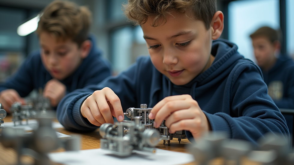 Close-up of a student assembling a mechanical model in a STEAM workshop