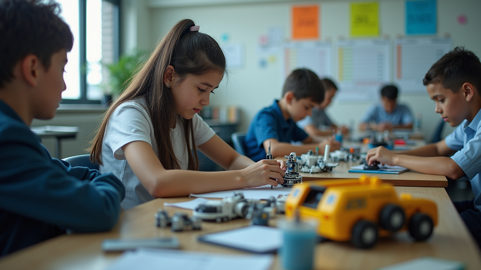 Eye-level view of a classroom with students working on a robotics project