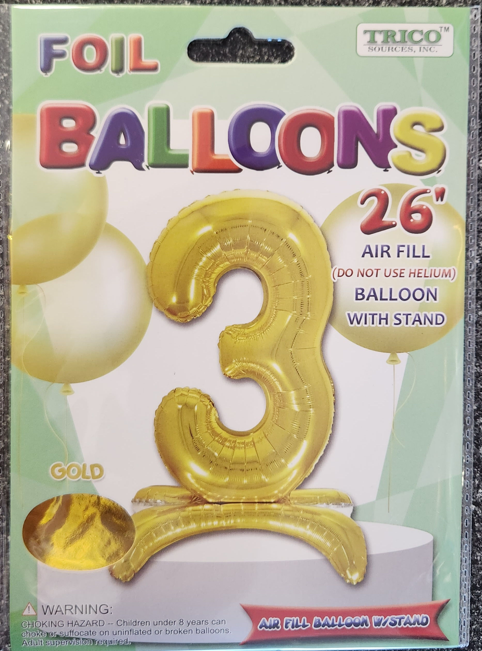 26" Gold Number 3 Mylar Balloon with Stand